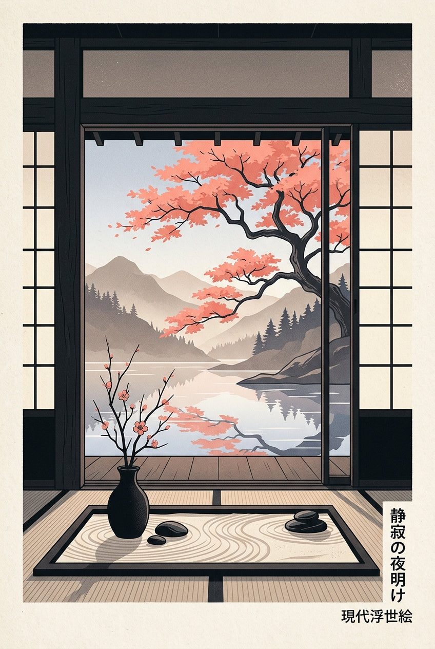 A contemporary Japanese art poster in a modern ukiyo-e illustration style, showing the interior of a traditional tata...