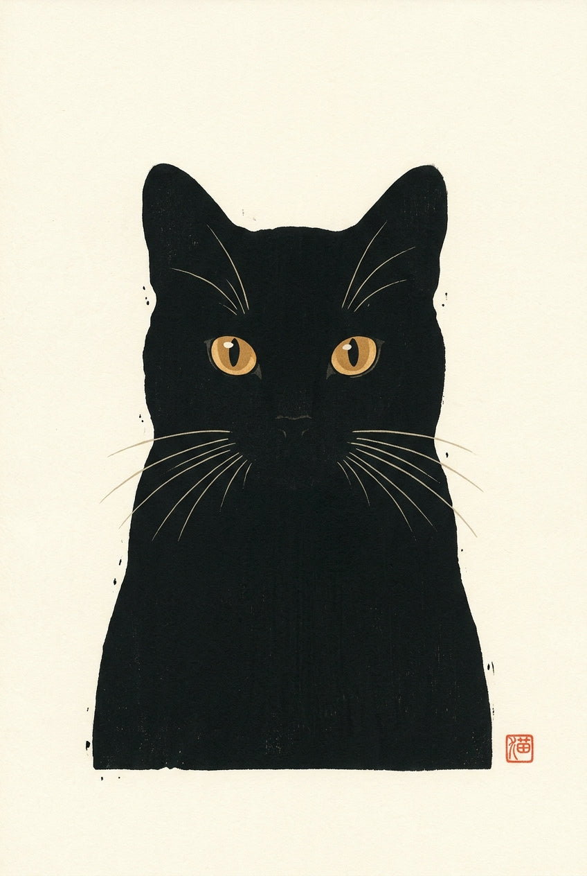 A minimalist contemporary Japanese woodblock-inspired poster portrait of a single black cat seen from the front, its...