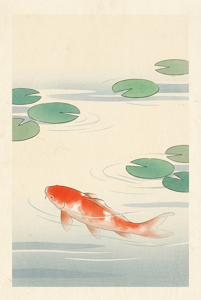 A contemporary minimalist Japanese print of a single koi carp gliding just beneath the surface of a still pond, its b...