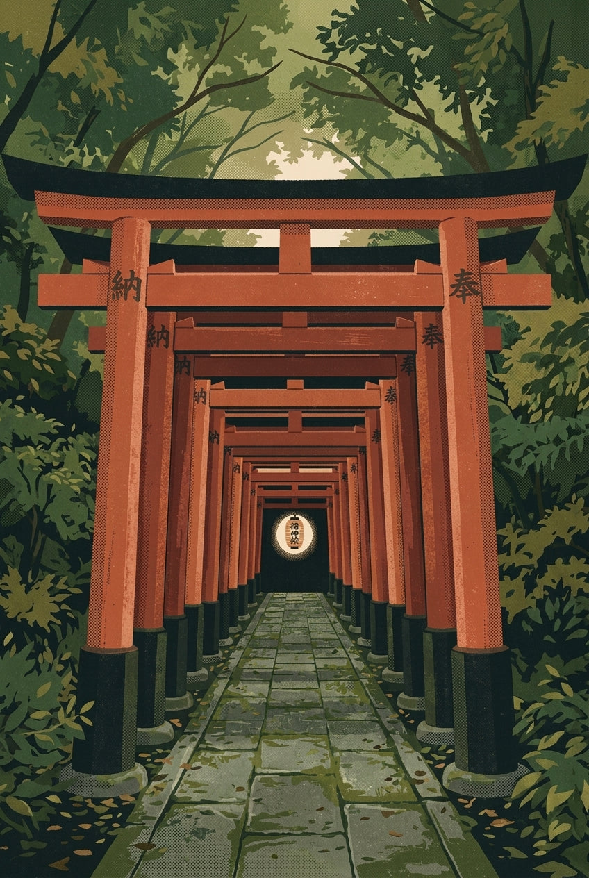 A textured contemporary Japanese travel poster illustration looking straight down the tunnel of vermillion torii gate...