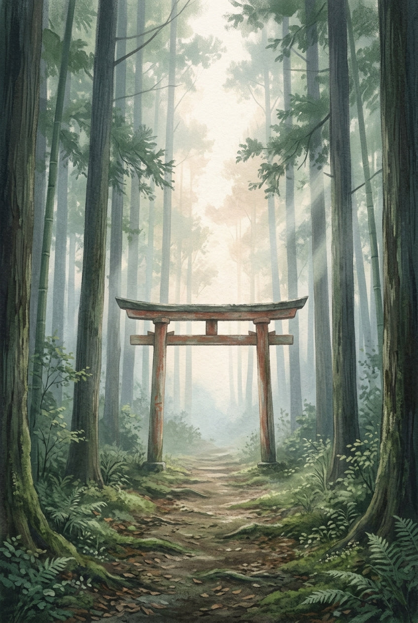 A serene contemporary Japanese-inspired art print with soft impressionistic painted texture, depicting a weathered wo...