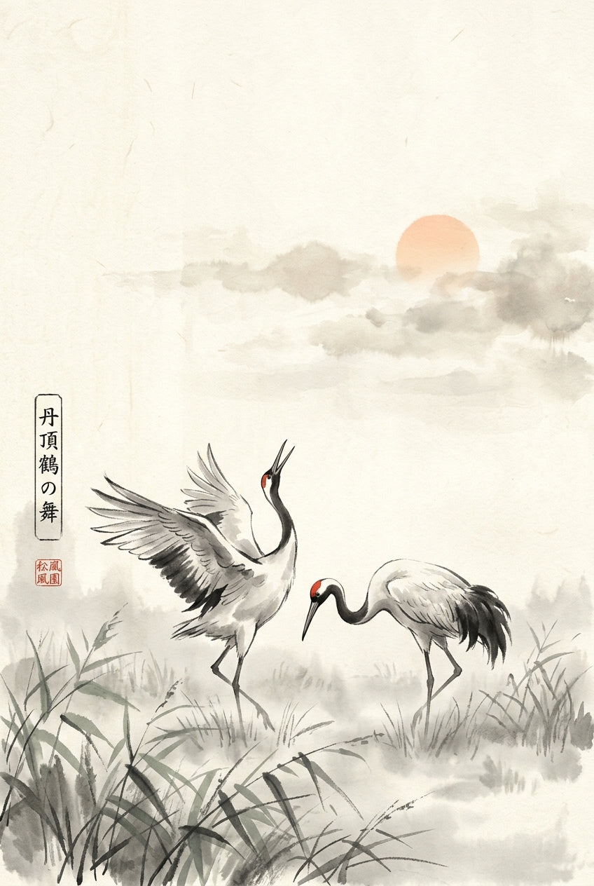 A sumi-e ink wash painting in the floating-world spirit, depicting a pair of red-crowned cranes dancing in a misty ma...