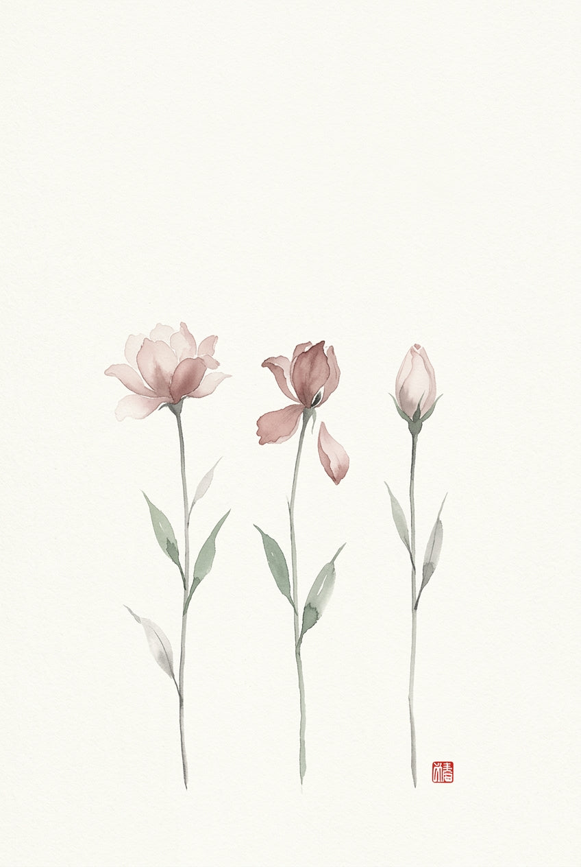 Affiche fleurs japonaises, poster aquarelle rose