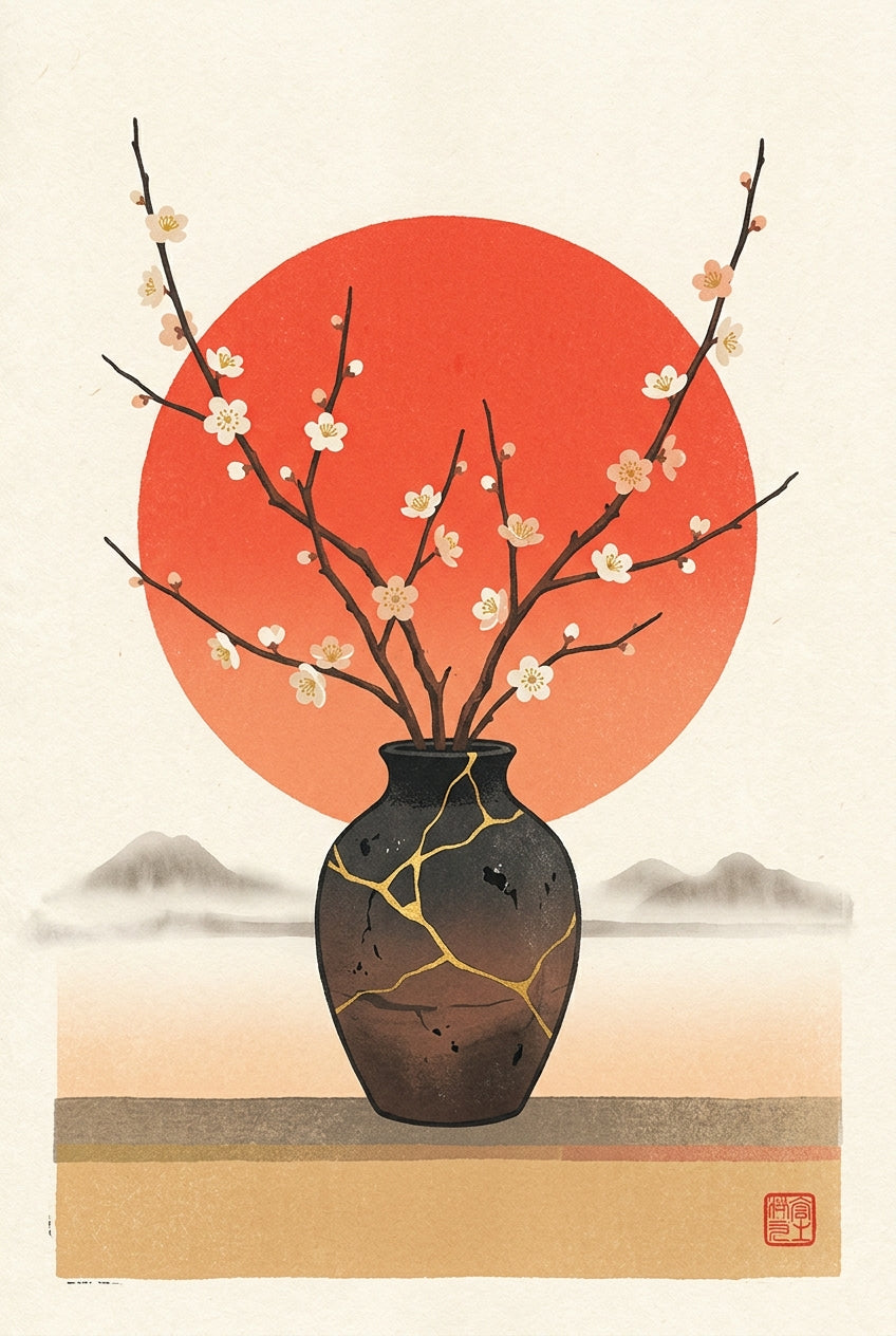 A contemporary Japanese-inspired fine art print combining flat graphic shapes with soft ink texture, centered on a da...