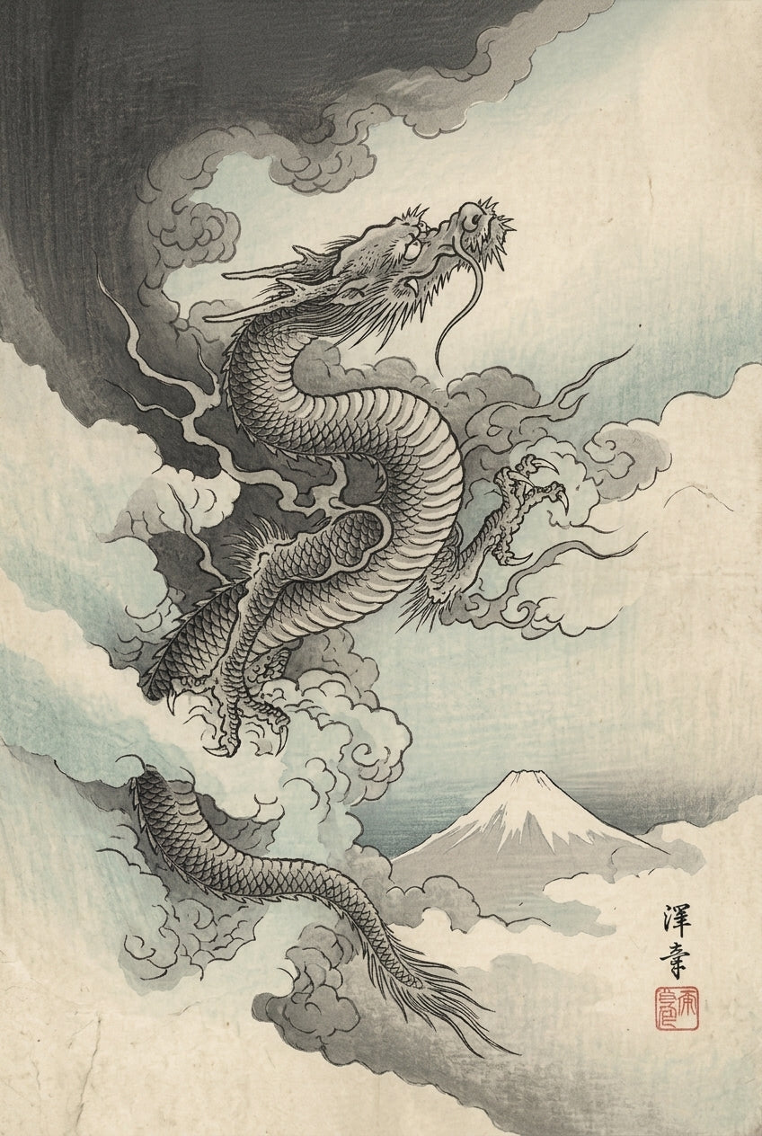 A traditional Japanese ukiyo-e woodblock print depicting a long sinuous dragon coiling out of dense swirling storm cl...