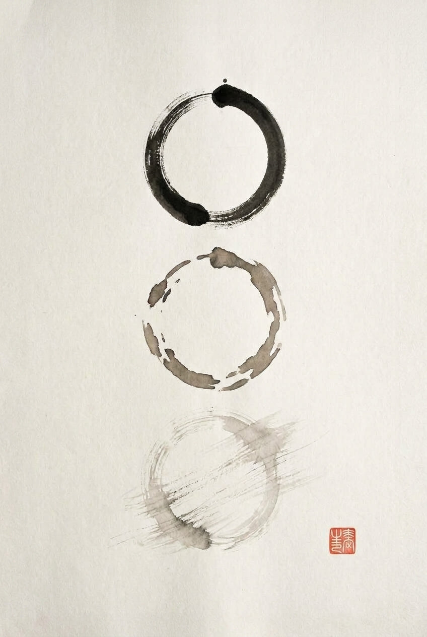 A minimalist sumi-e ink wash artwork showing three imperfect circles arranged vertically on bare paper, each brushed...
