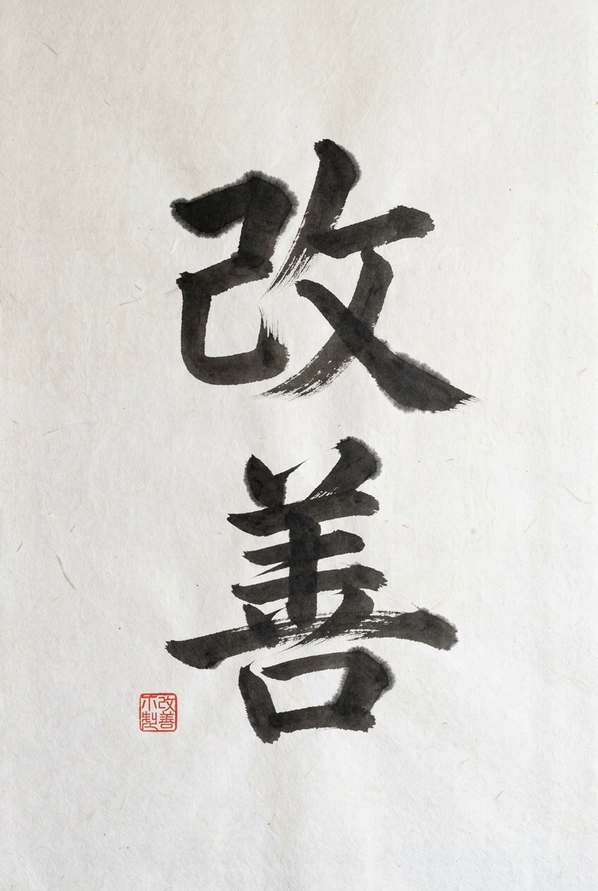 Japanese sumi-e ink calligraphy art print showing the two kanji characters 改善 rendered vertically in bold flowing bru...