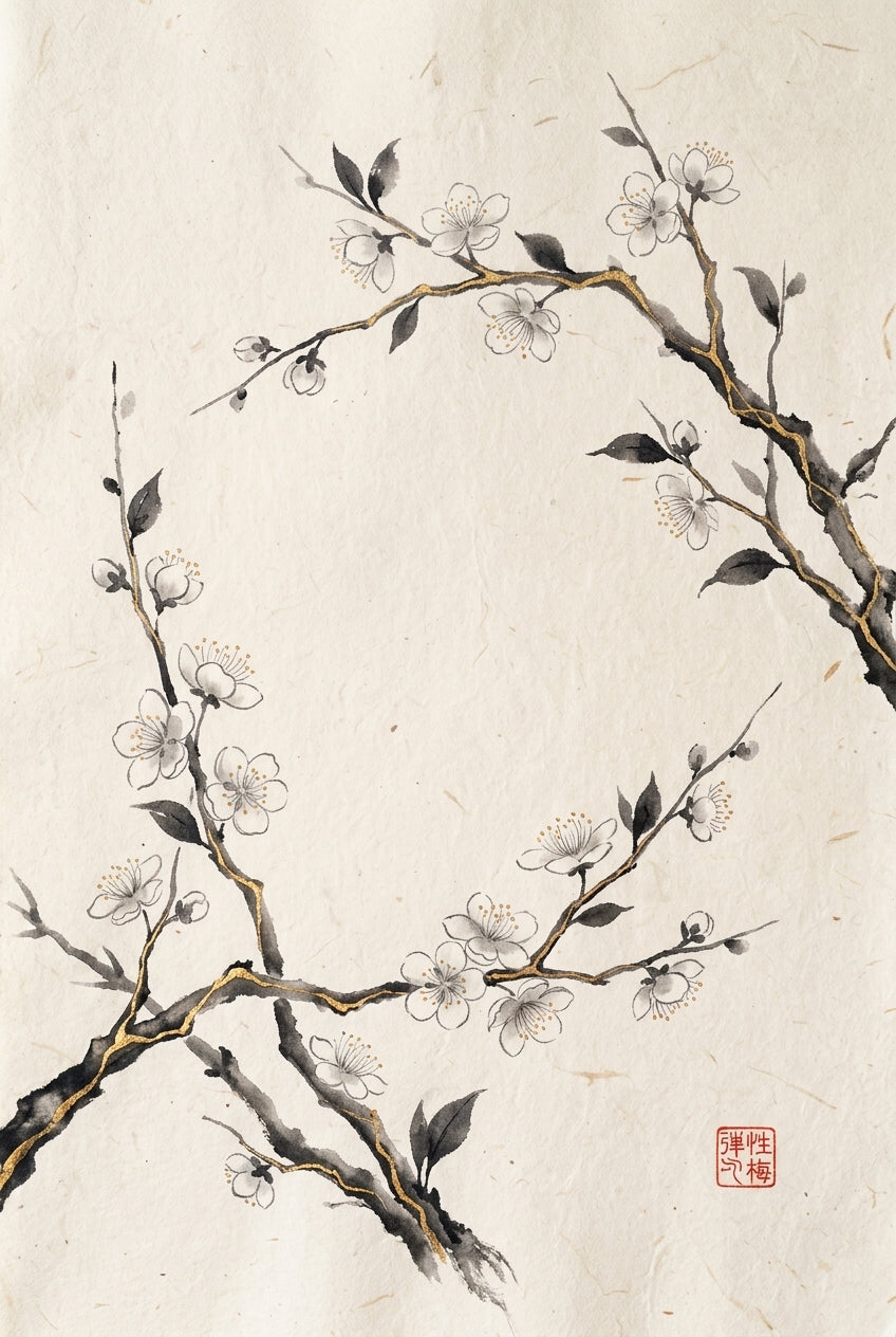 A minimalist Japanese-inspired botanical art print rendered as delicate sumi-e ink painting with gold leaf accents, d...