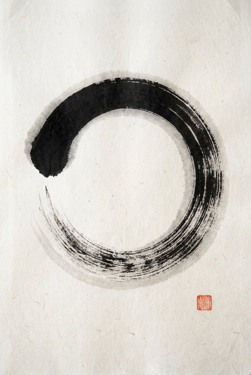 A minimalist Zen sumi-e ink painting of a single enso circle, one continuous fluid brushstroke sweeping around to for...