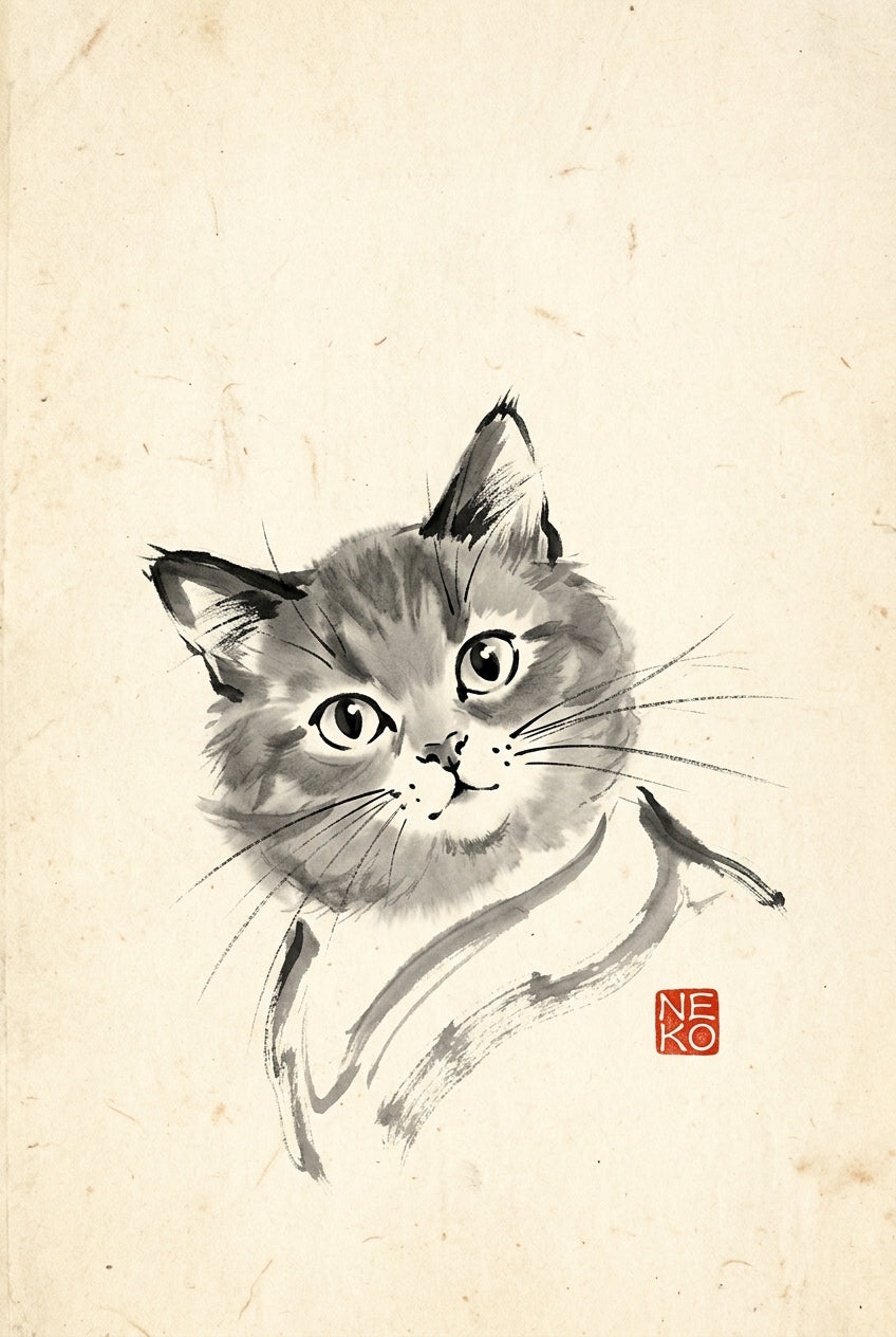 A spontaneous Zen sumi-e ink painting of a cat's head and shoulders, drawn with only a handful of rapid economical br...