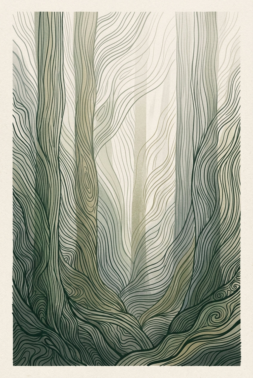 A contemporary abstract Japandi art print evoking a forest interior through flowing organic line work, dense parallel...