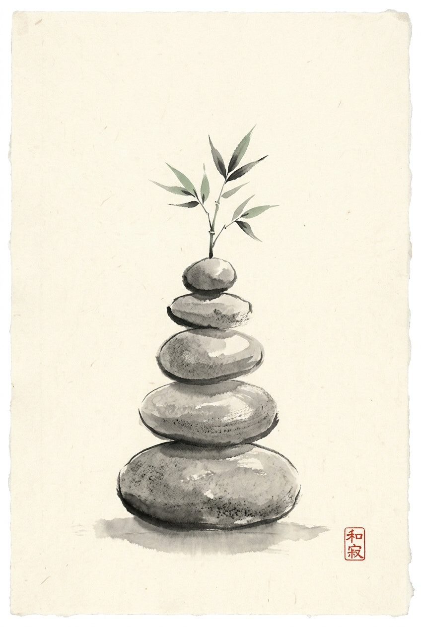 A minimalist Zen sumi-e ink painting of a balanced stack of five smooth river stones rising in a slender vertical cai...