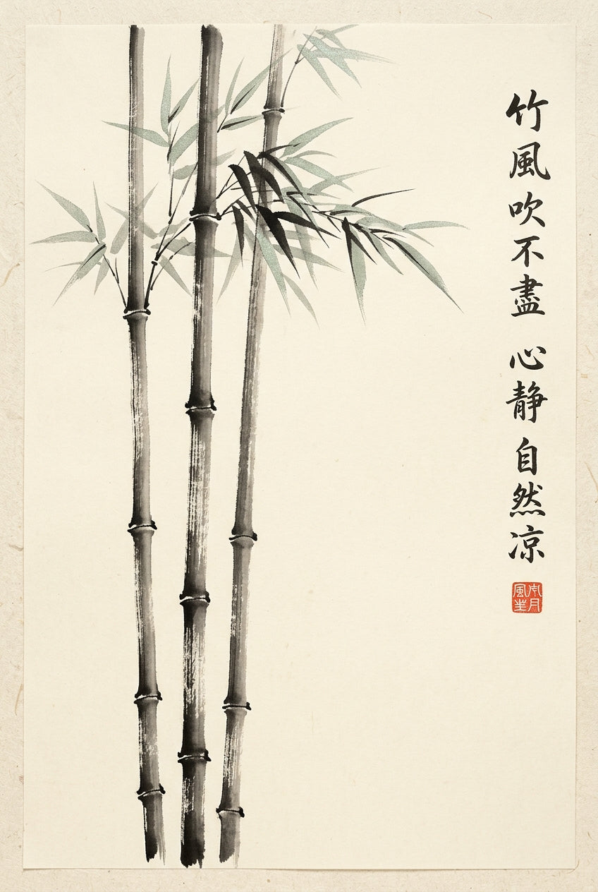 A minimalist Japanese sumi-e ink painting of slender bamboo, three or four tall culms rising the full height of the s...