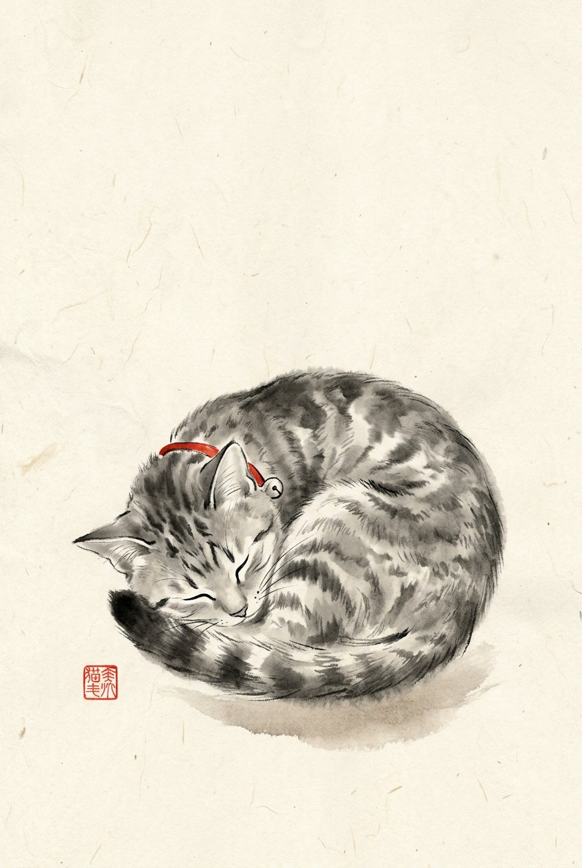 A traditional Japanese brush painting of a cat asleep, curled into a near-perfect circle with its nose tucked against...