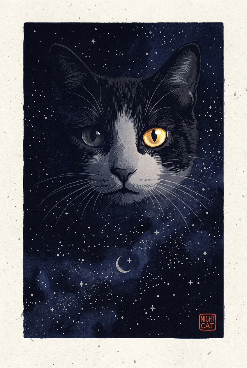 A minimalist Japanese woodblock-inspired print of a black and white cat's face emerging from a cosmic starfield, the...