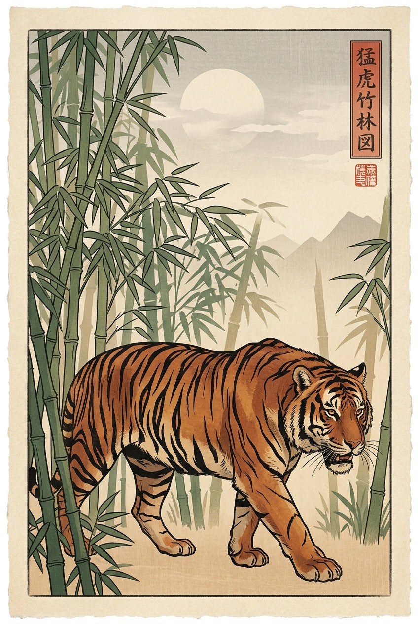 A contemporary neo ukiyo-e woodblock poster of a powerful tiger striding out of a dense bamboo grove, its striped bod...