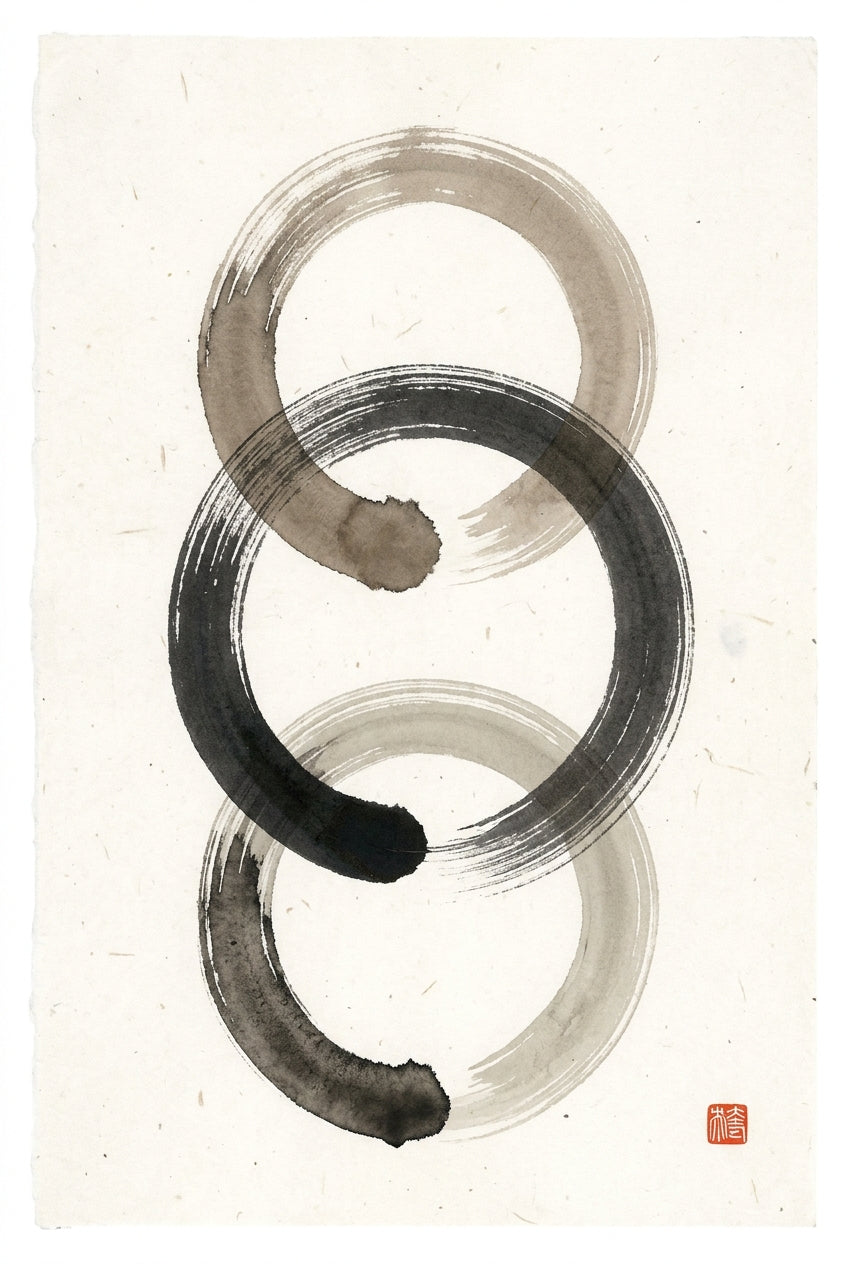 A minimalist sumi-e ink wash art print featuring three hand-brushed circular forms inspired by the Zen enso, each rin...