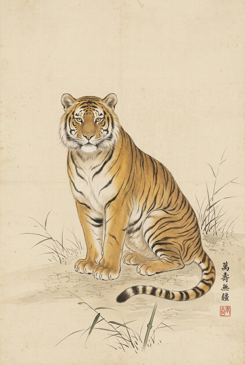 A classical Japanese nihonga brush painting of a tiger seated upright in a calm contemplative pose, body turned three...