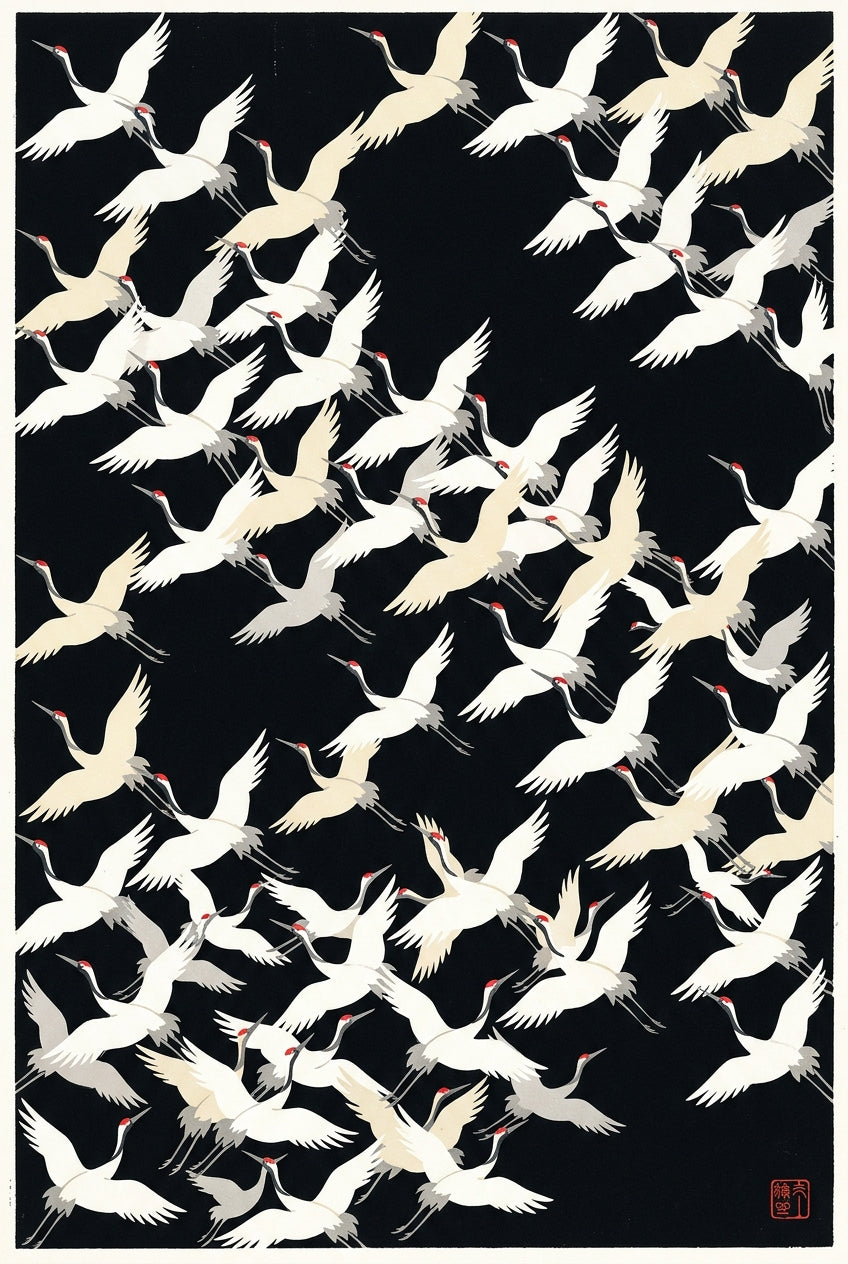 Affiche grues japonaises, poster vol d'oiseaux