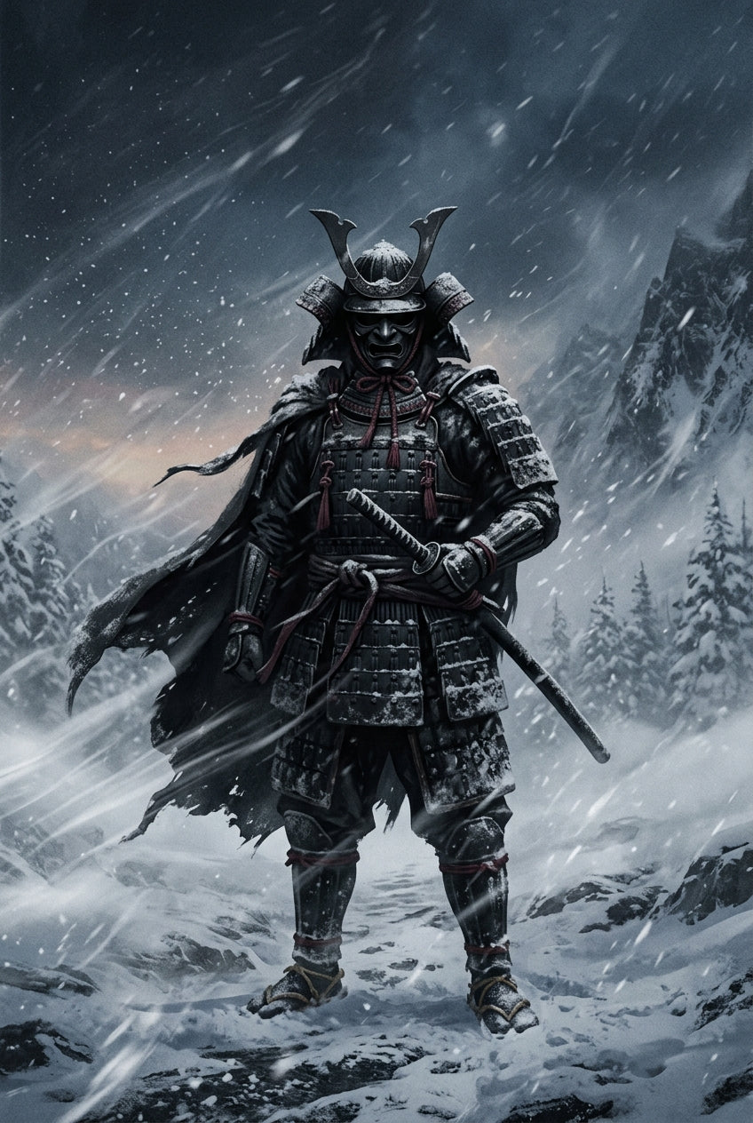Affiche Samouraï Japonais, poster guerrier sous la neige