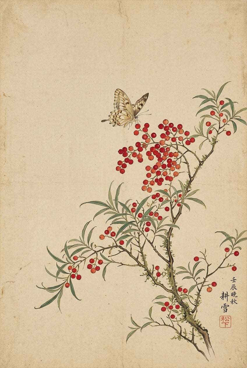 Affiche d'Art Japonais, poster papillon et baies