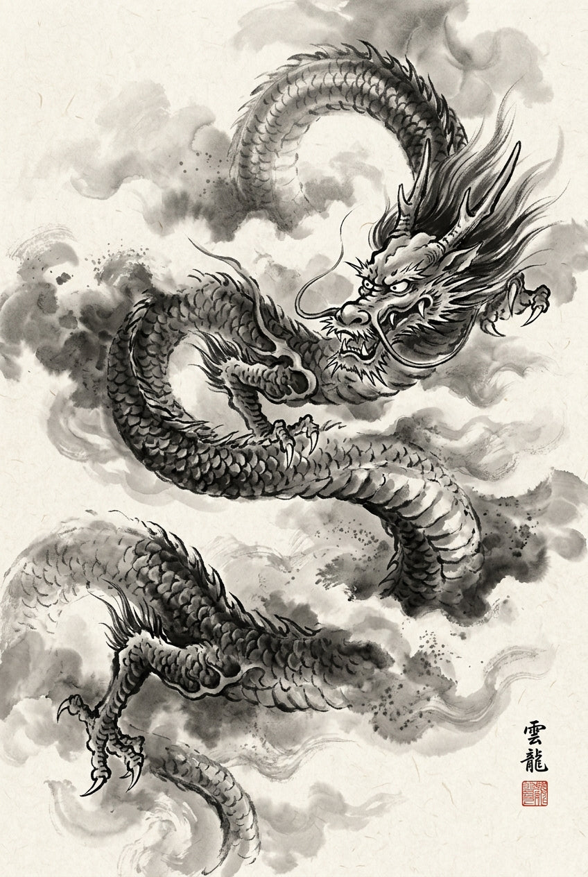 Affiche de dragon japonais, poster encre de chine