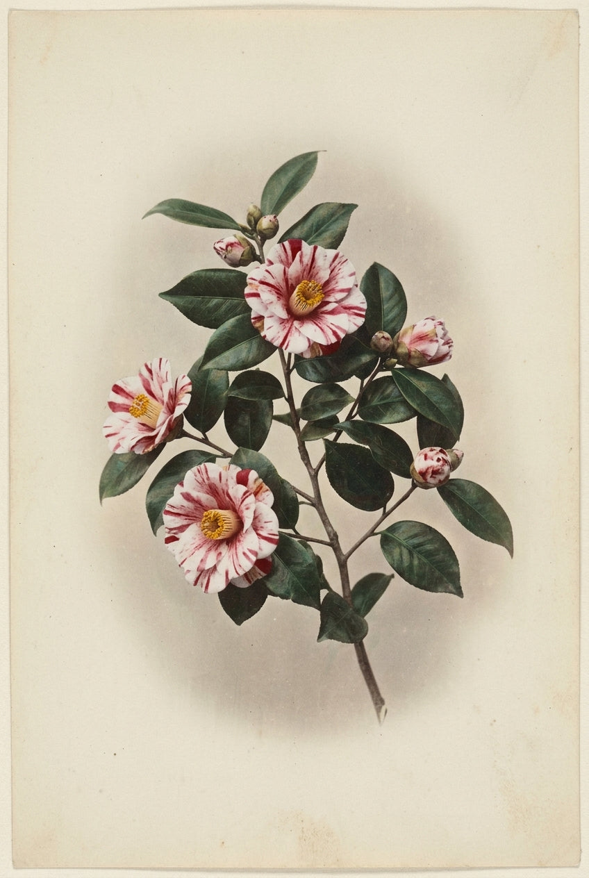 Affiche de camélia japonais, poster fleurs zébrées