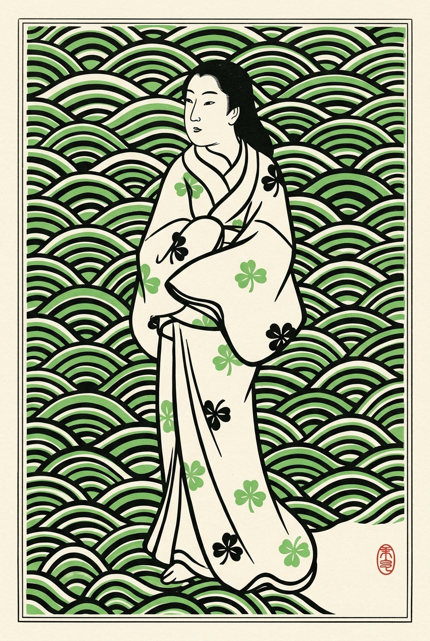 Affiche Japonaise, poster femme en kimono vert