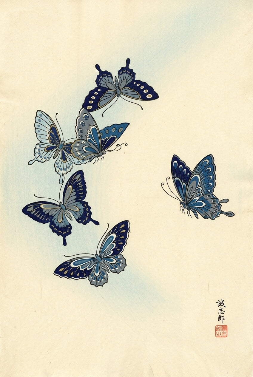 Affiche Papillons bleus, poster art japonais