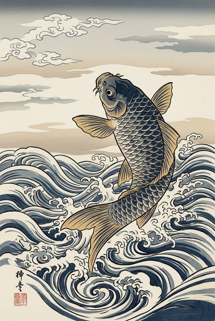 A traditional ukiyo-e Japanese woodblock print of a single powerful carp caught mid-leap above breaking water, its bo...