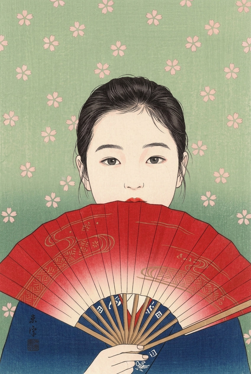 Affiche Japonaise, femme au éventail rouge