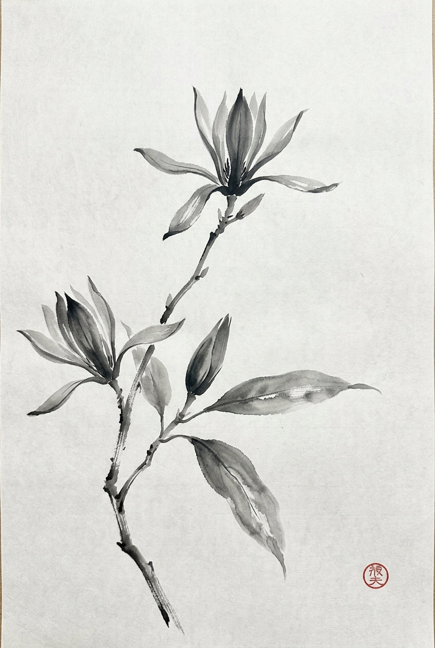 Affiche de Magnolia Japonais, poster zen Sumi-e