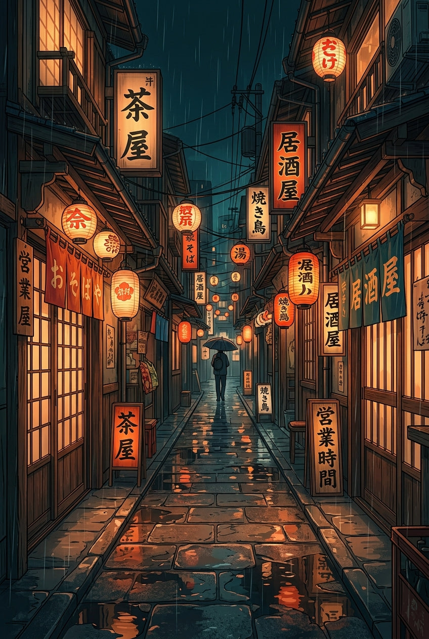 Affiche ruelle japonaise sous la pluie, poster Japon