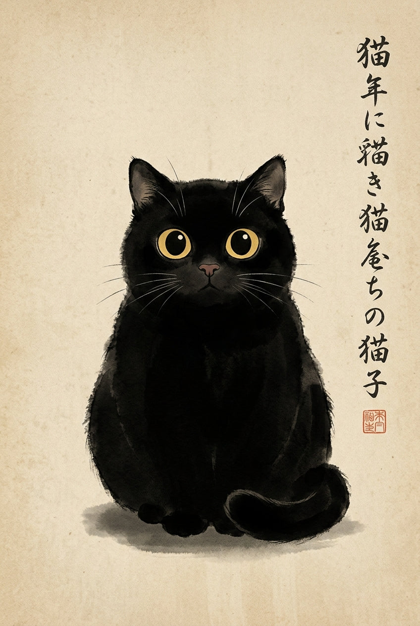Affiche Chat Noir Japonais, poster calligraphie