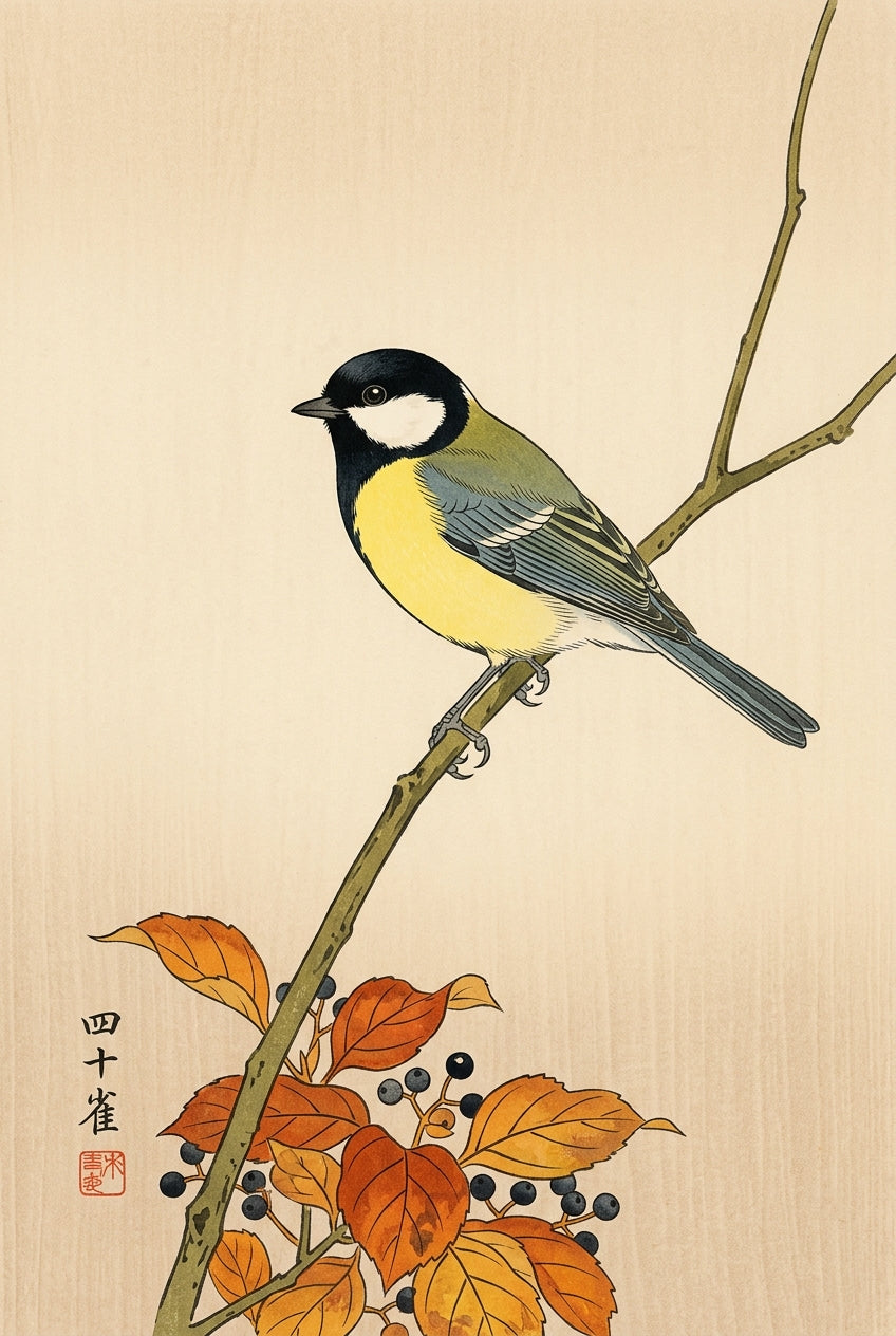 Poster Mésange japonaise, oiseau vintage