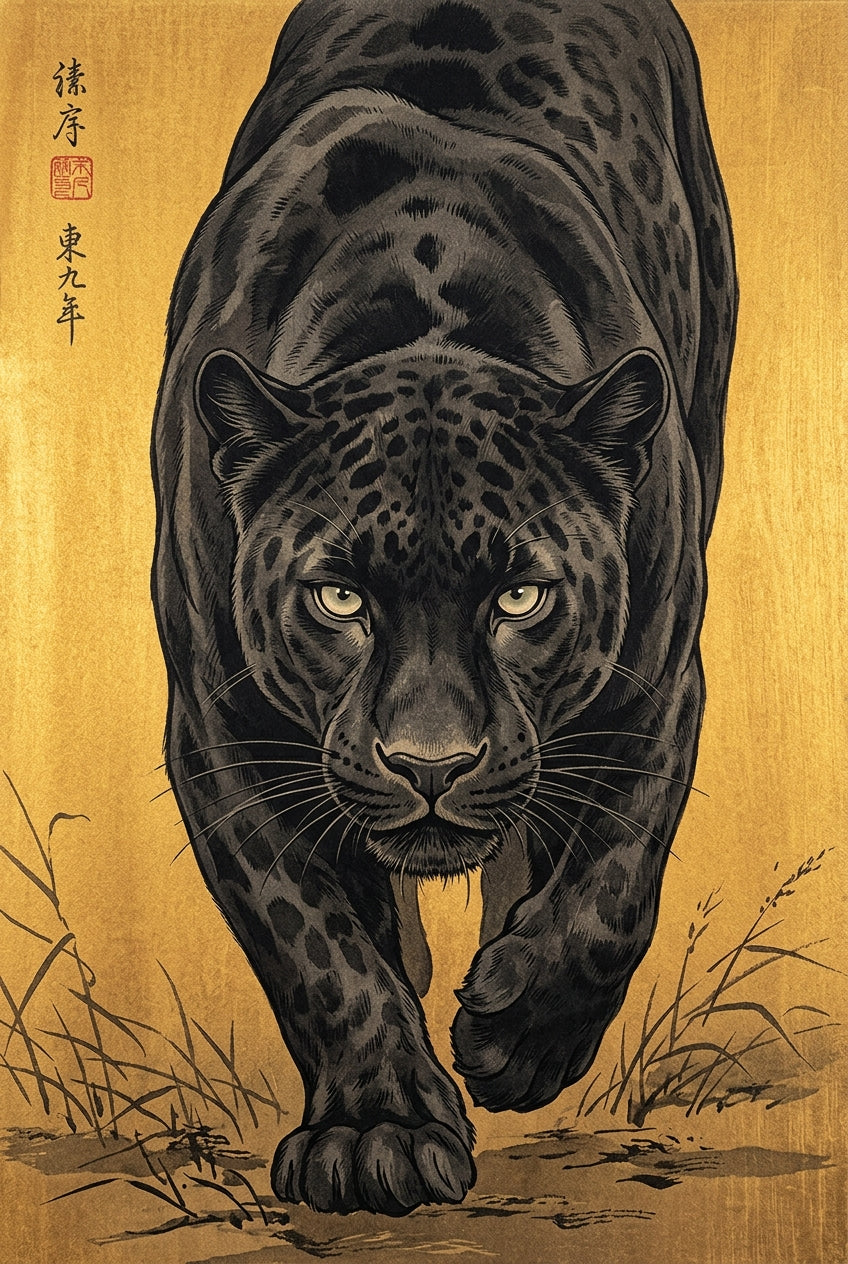 Poster Léopard Japonais, affiche fond doré