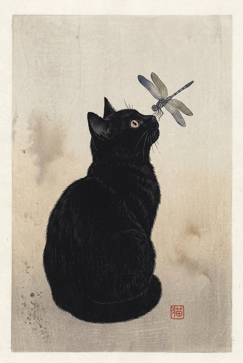 Affiche chat noir et libellule, poster art japonais