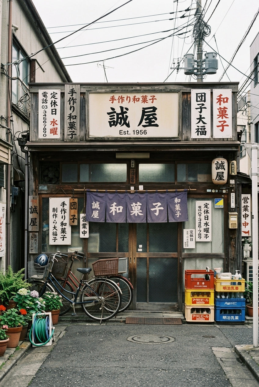 Poster d'une boutique japonaise, façade en bois
