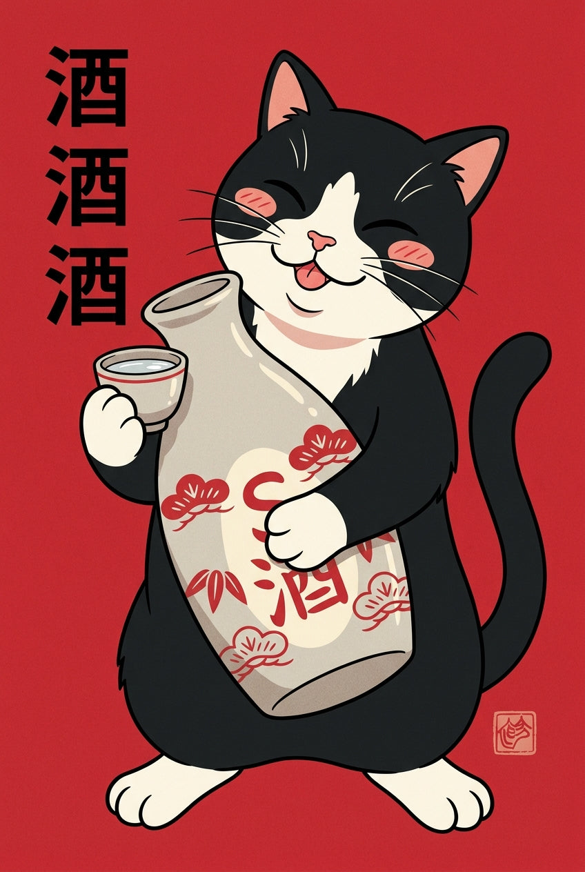 Affiche Chat Japonais, poster saké rouge