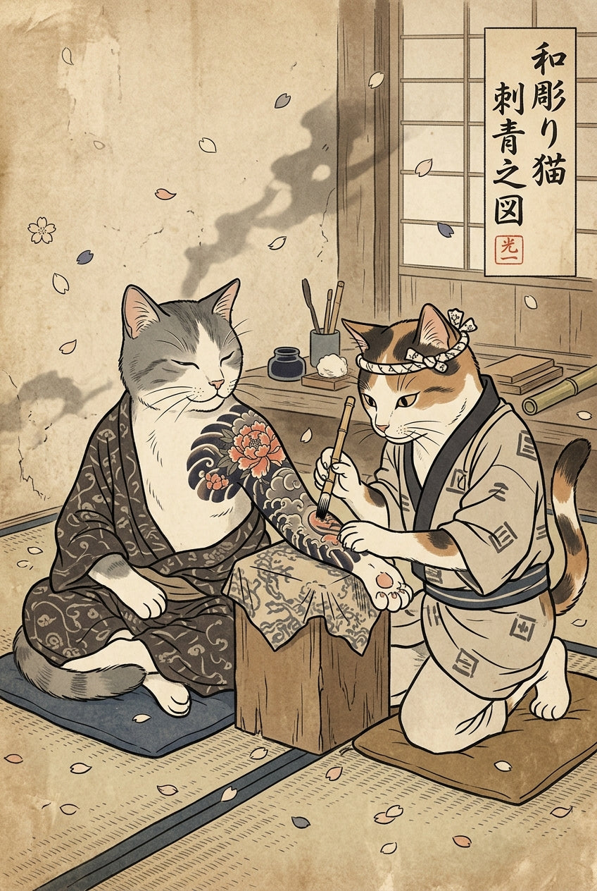 Affiche chat tatoueur japonais, poster ukiyo-e