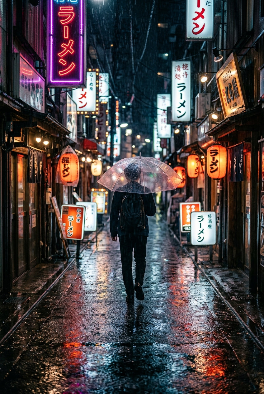 Affiche de Tokyo sous la pluie, poster néons japonais