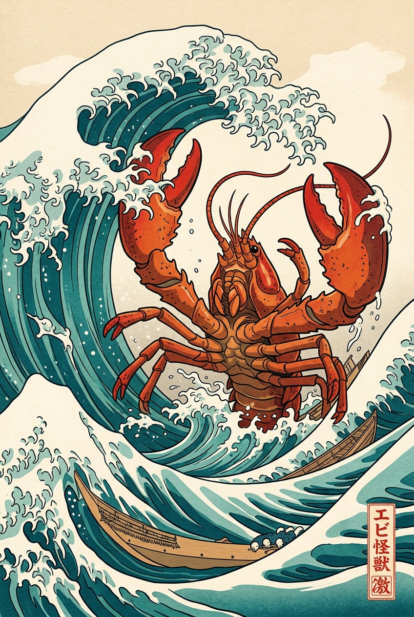 Affiche Homard Japonais, poster vague Hokusai