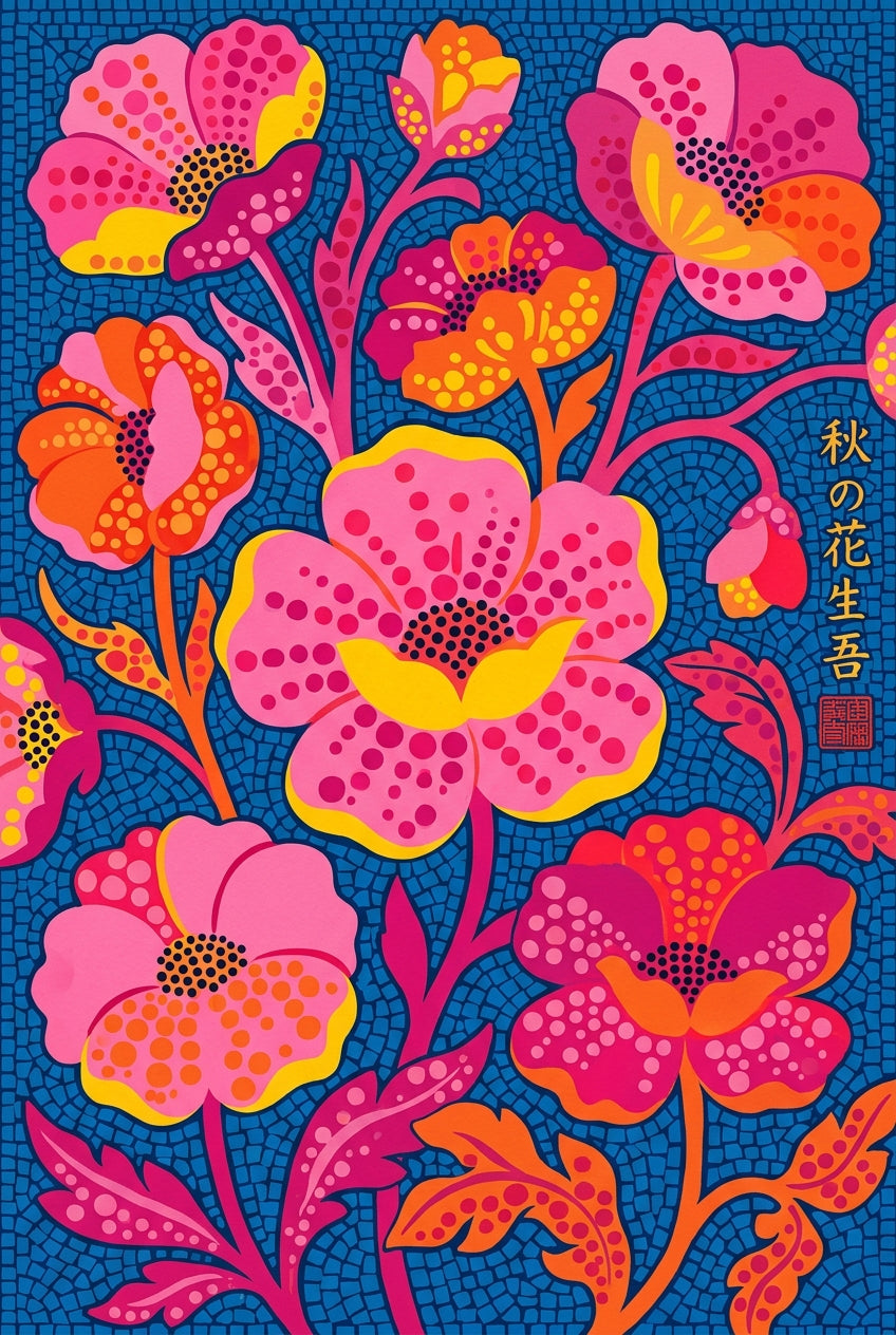 Poster fleurs japonaises, mosaïque bleue