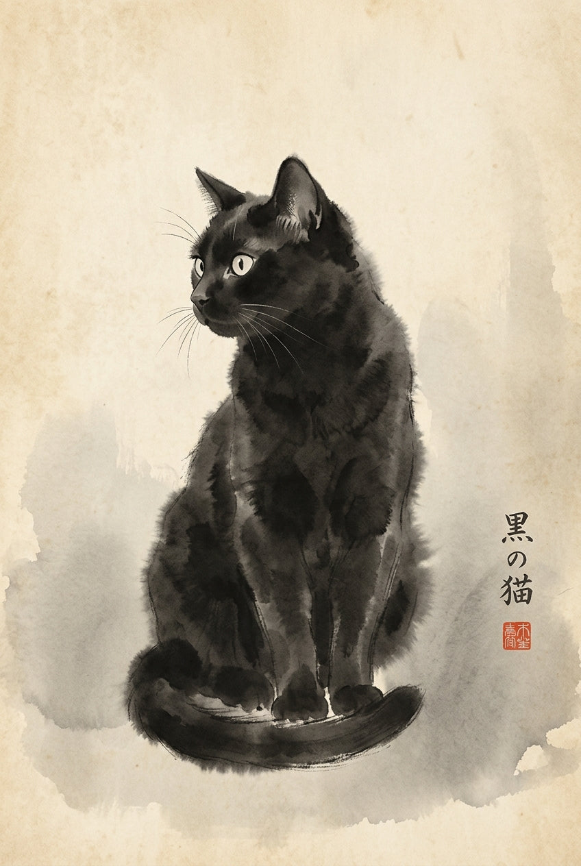 Affiche Chat Japonais, poster encre de chine