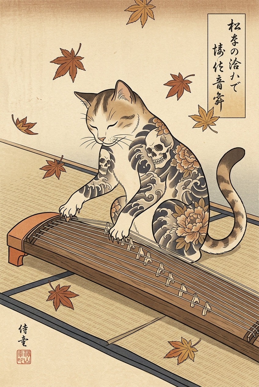 Affiche Chat Japonais, poster Koto et Tatouages