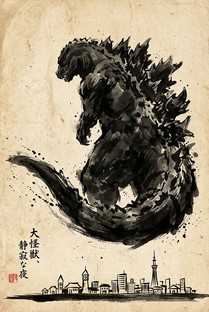 Affiche Godzilla japonais, poster encre Sumi-e