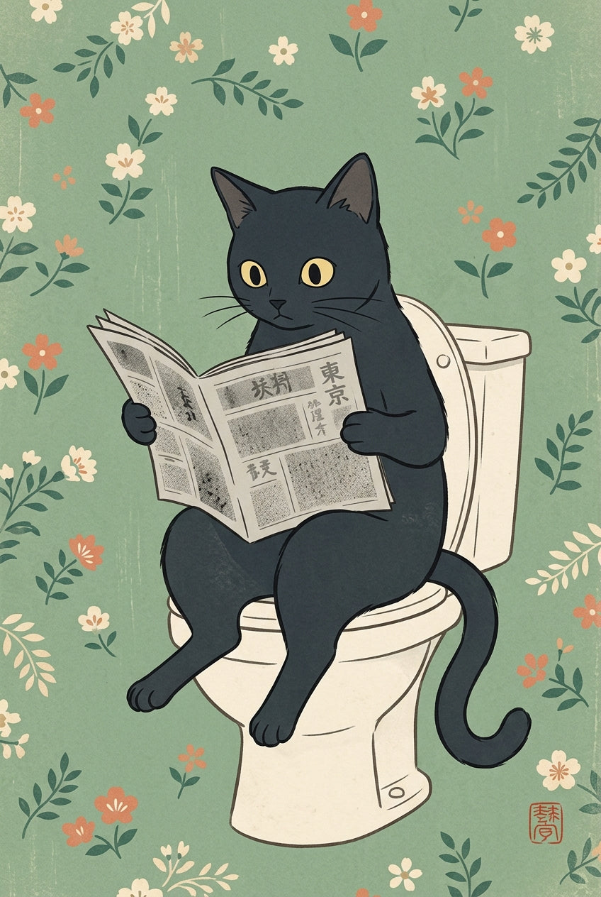 Poster chat japonais, affiche chat noir journal