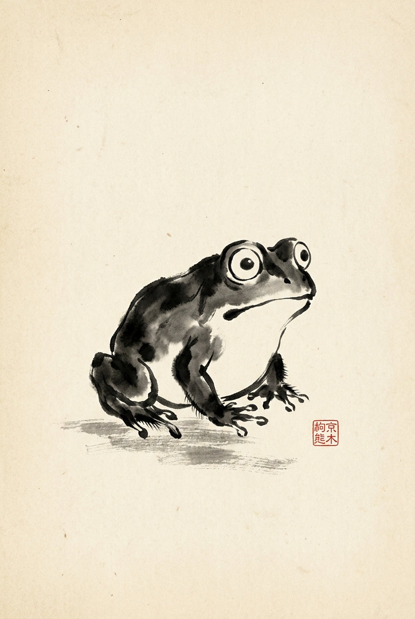 A minimalist sumi-e ink wash study of a single squat frog seen in three-quarter profile, its body rendered in loose w...