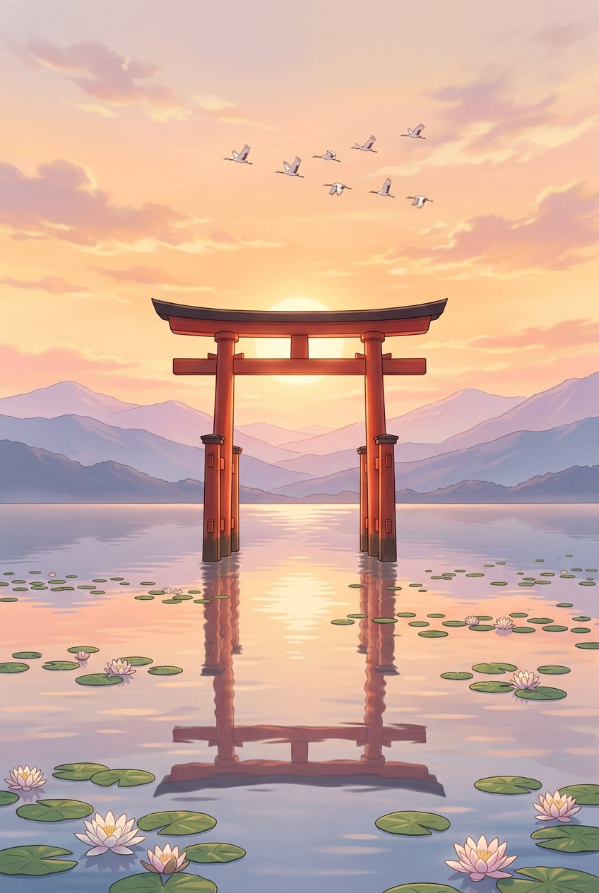 A dreamy anime landscape illustration of a tall vermilion torii gate rising out of a still lake, its reflection stret...