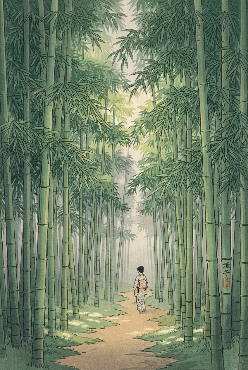 A traditional Japanese woodblock print of a dense bamboo grove in Saga, tall straight culms rising in close vertical...